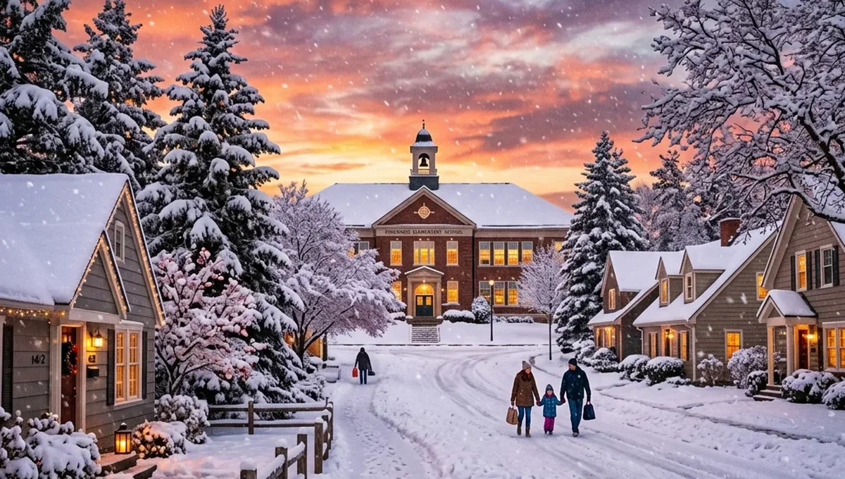 Snow covered neighborhood with school — accurate snow day predictions